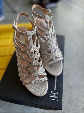 INC International Concepts Champagne Gold Crystal Cutout Heels